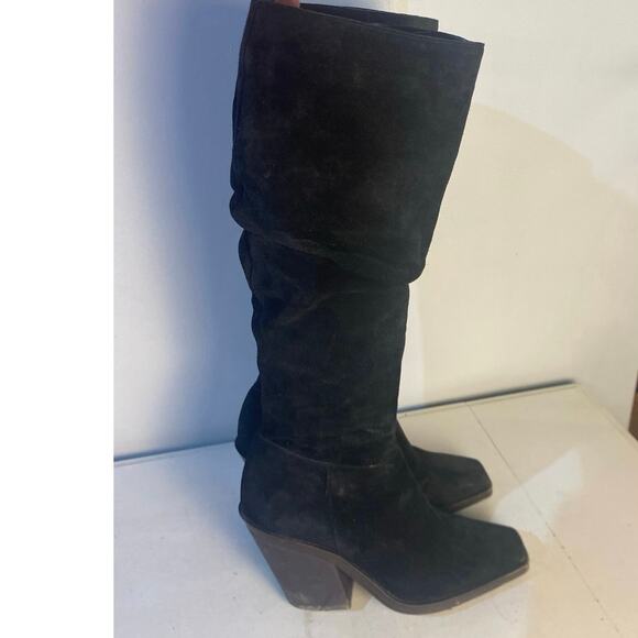 Vince Camuto Black Suede Slouch Knee High Side Zip Square Toe Heel Women 7 Boot - Picture 5 of 8